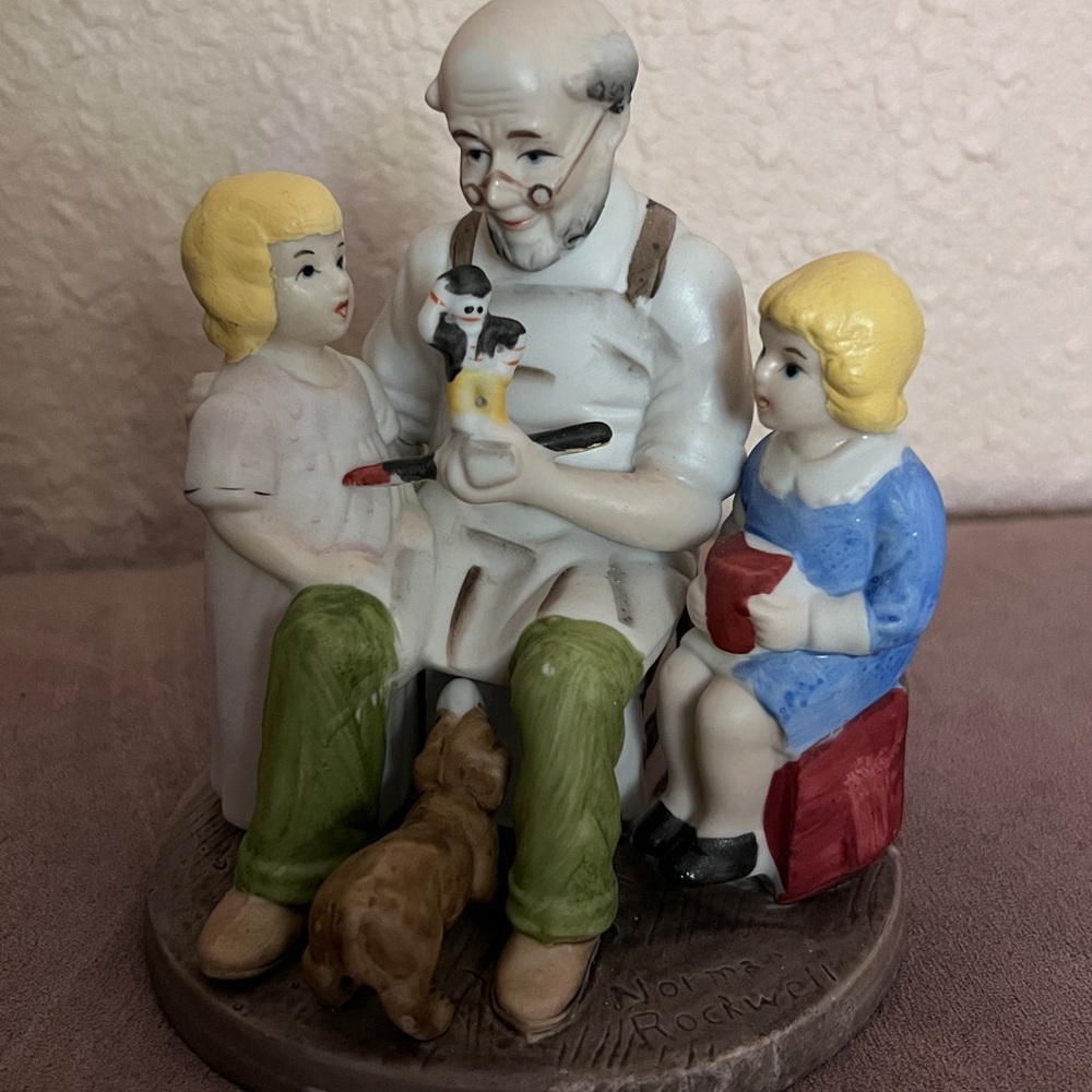 Norman Rockwell Figurine with Children and Puppy - Green, Blue, Red Accents